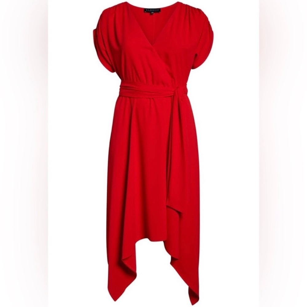 Eloquii Dress Womens Size 18 Red Tie Front Faux Wrap Midi Ruched Sleeve